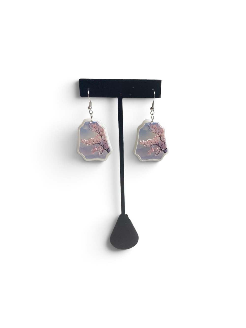 Hand Crafted Pink Cherry Blossom Drop Earrings with Silver Hooks